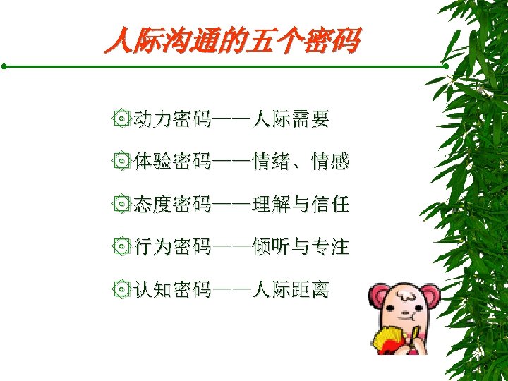 人际沟通的五个密码 ۞动力密码——人际需要 ۞体验密码——情绪、情感 ۞态度密码——理解与信任 ۞行为密码——倾听与专注 ۞认知密码——人际距离 