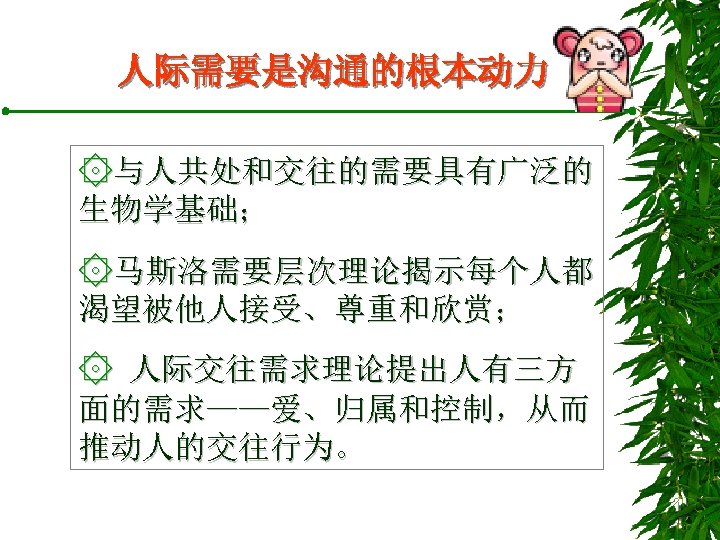 人际需要是沟通的根本动力 ۞与人共处和交往的需要具有广泛的 生物学基础； ۞马斯洛需要层次理论揭示每个人都 渴望被他人接受、尊重和欣赏； ۞ 人际交往需求理论提出人有三方 面的需求——爱、归属和控制，从而 推动人的交往行为。 