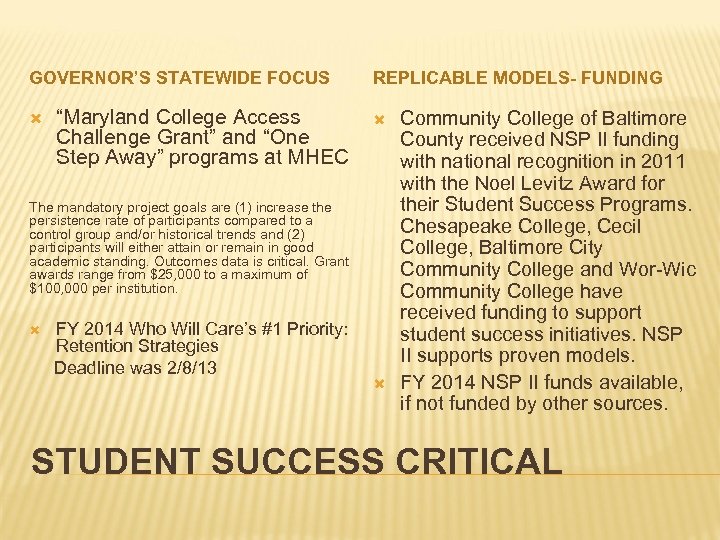 GOVERNOR’S STATEWIDE FOCUS “Maryland College Access Challenge Grant” and “One Step Away” programs at
