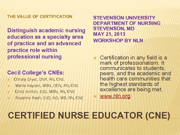 THE VALUE OF CERTIFICATION Distinguish academic nursing education as a specialty area of practice