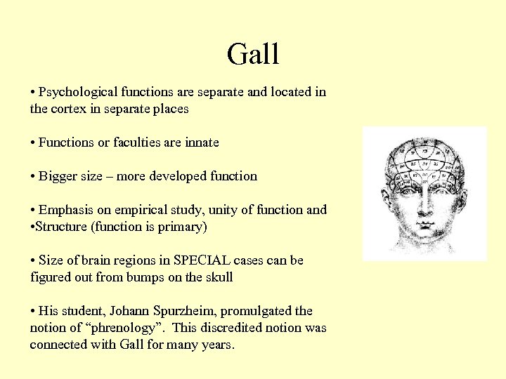 Gall • Psychological functions are separate and located in the cortex in separate places