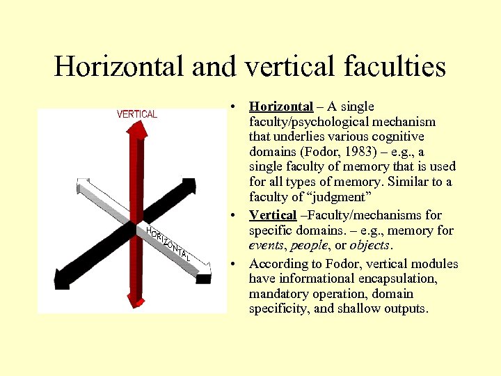 Horizontal and vertical faculties • Horizontal – A single faculty/psychological mechanism that underlies various