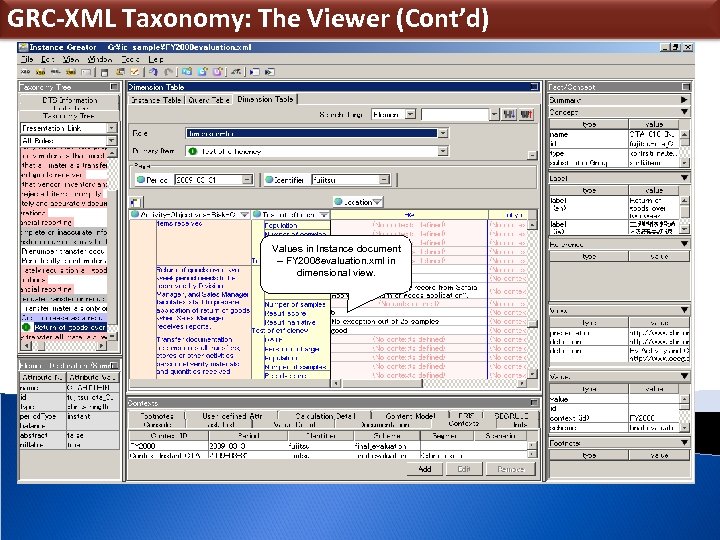 GRC-XML Taxonomy: The Viewer (Cont’d) Values in Instance document – FY 2008 evaluation. xml