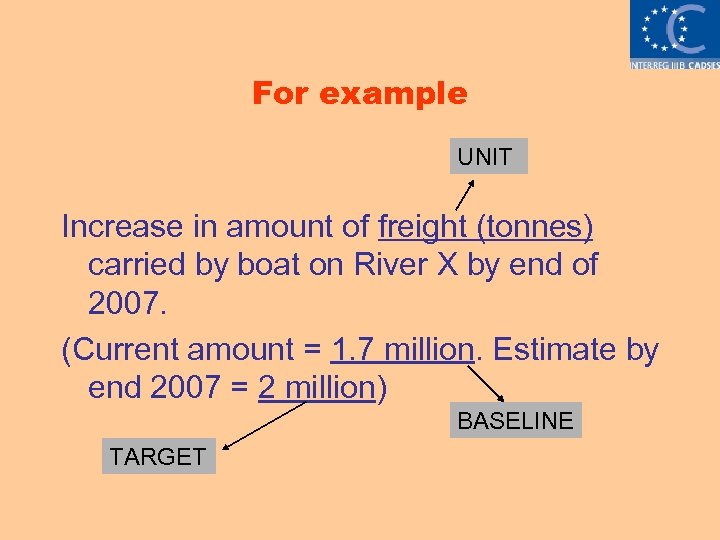 For example UNIT Increase in amount of freight (tonnes) carried by boat on River