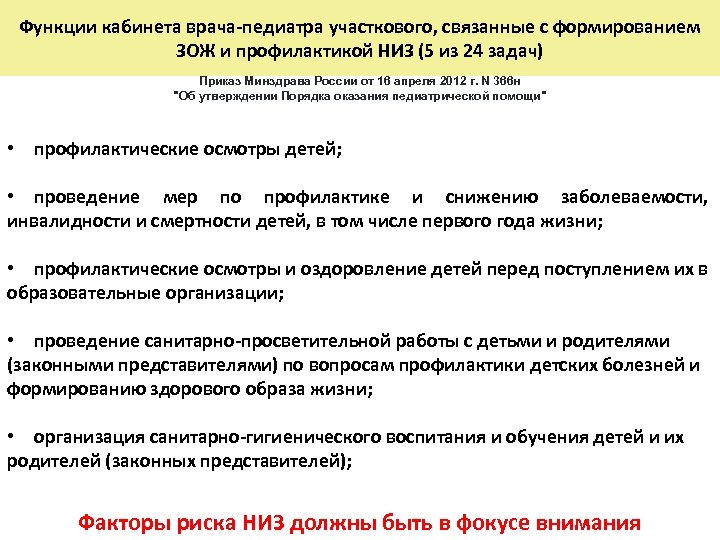 Функции кабинета врача-педиатра участкового, связанные с формированием ЗОЖ и профилактикой НИЗ (5 из 24