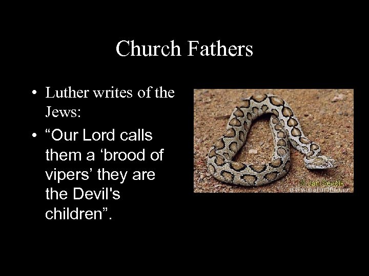 Church Fathers • Luther writes of the Jews: • “Our Lord calls them a