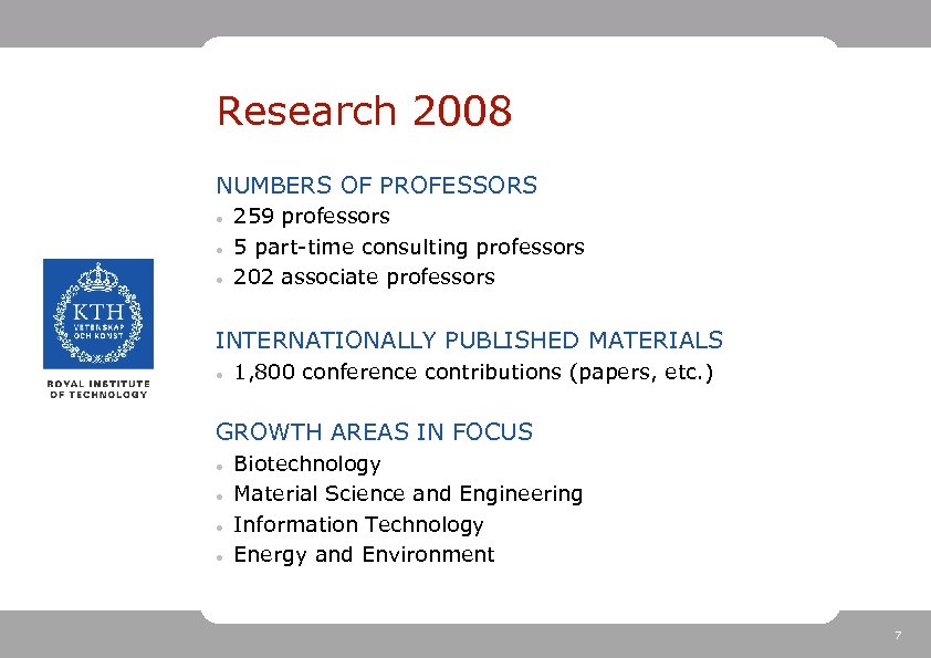 Research 2008 NUMBERS OF PROFESSORS 259 professors 5 part-time consulting professors 202 associate professors