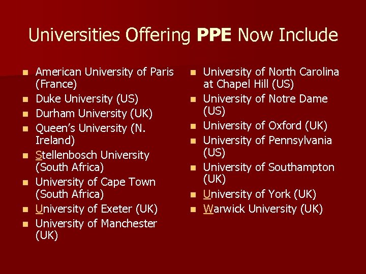 Universities Offering PPE Now Include n n n n American University of Paris (France)