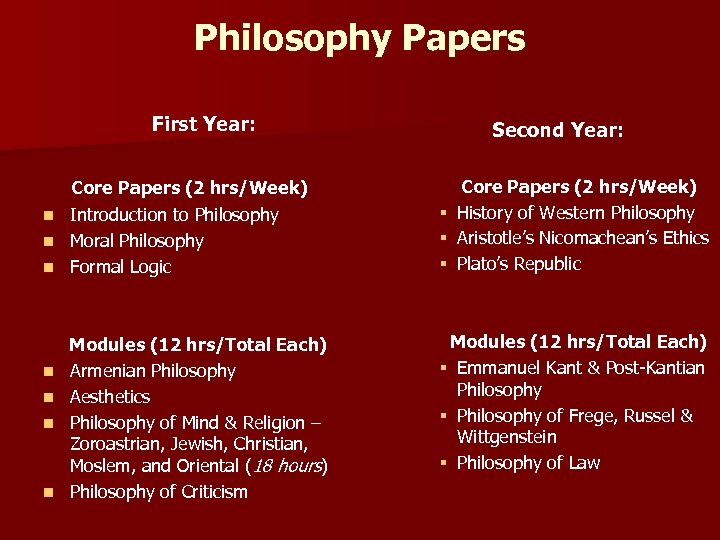 Philosophy Papers First Year: Core Papers (2 hrs/Week) n Introduction to Philosophy n Moral