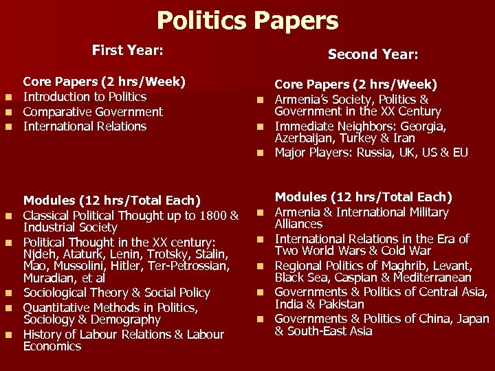 Politics Papers First Year: Core Papers (2 hrs/Week) n Introduction to Politics n Comparative