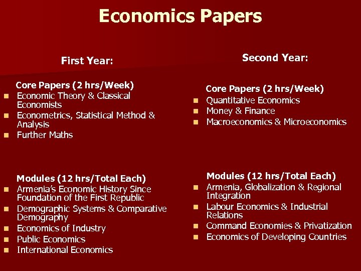 Economics Papers Second Year: First Year: Core Papers (2 hrs/Week) n Economic Theory &