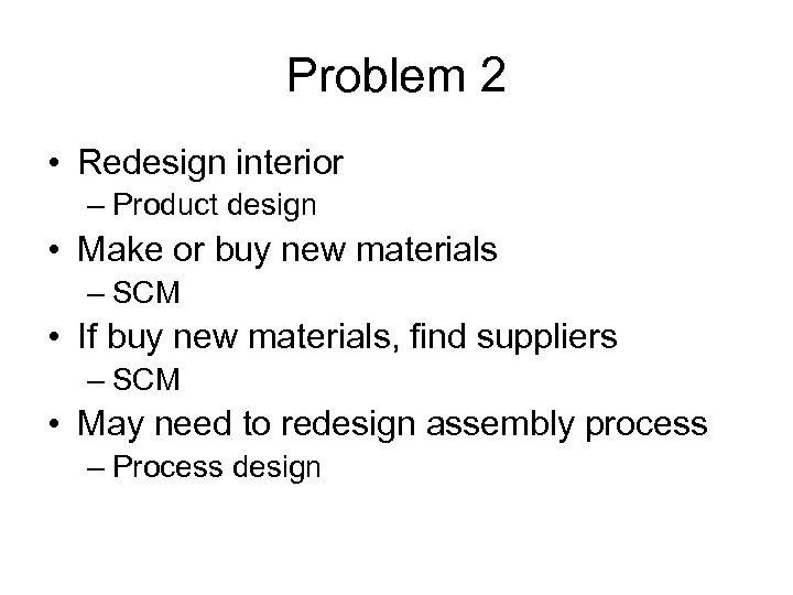 Problem 2 • Redesign interior – Product design • Make or buy new materials