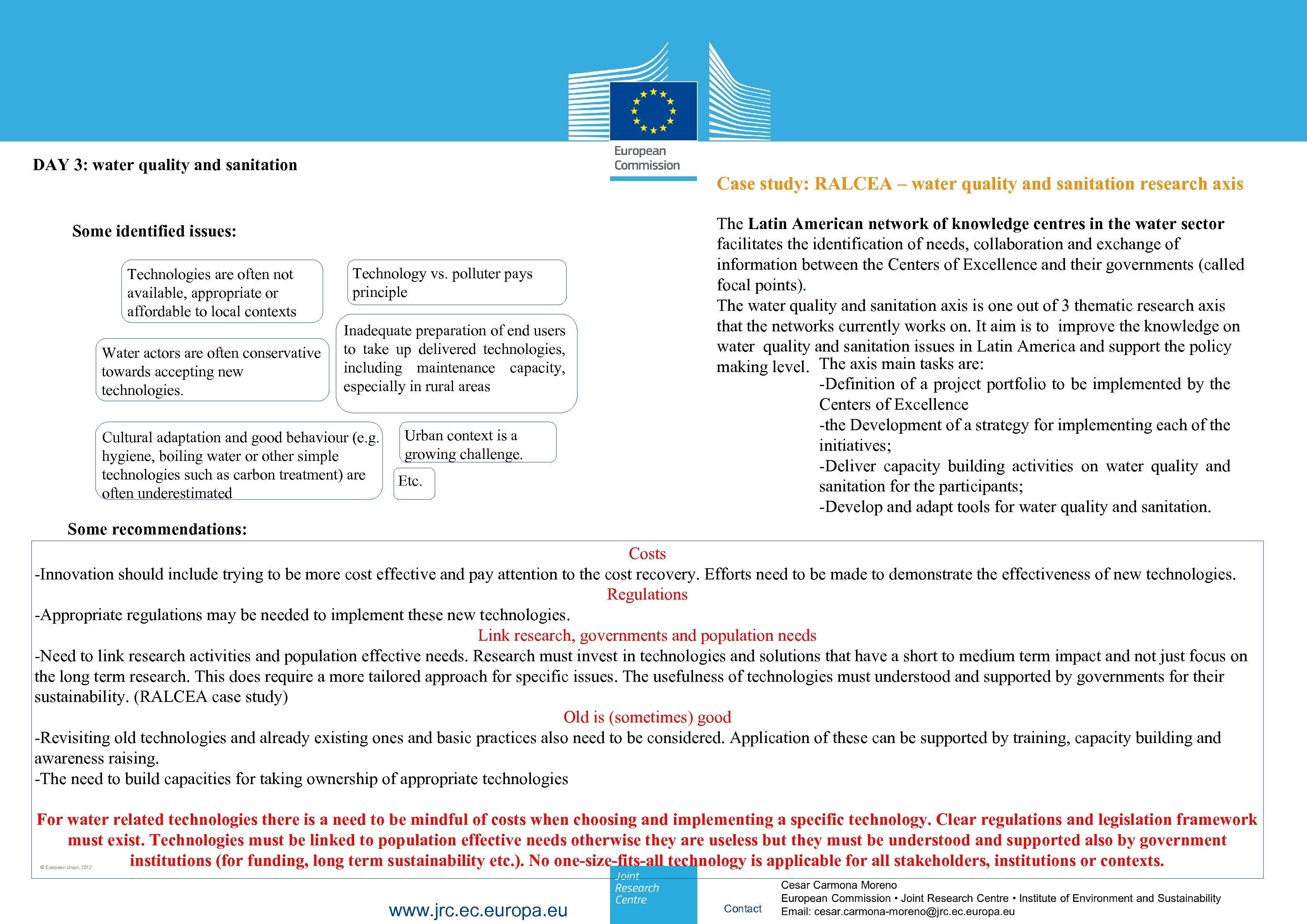 DAY 3: water quality and sanitation Case study: RALCEA – water quality and sanitation