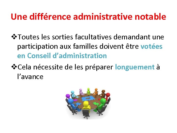Une différence administrative notable v. Toutes les sorties facultatives demandant une participation aux familles