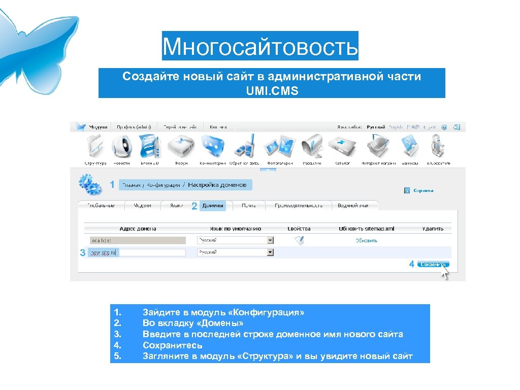 Многосайтовость Создайте новый сайт в административной части UMI. CMS 1. 2. 3. 4. 5.