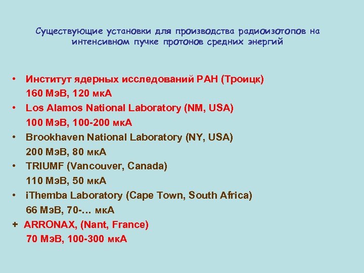 Существующие установки для производства радиоизотопов на интенсивном пучке протонов средних энергий • Институт ядерных