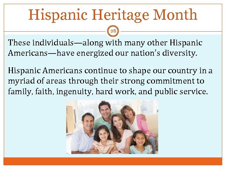 Hispanic Heritage Month 28 These individuals—along with many other Hispanic Americans—have energized our nation’s