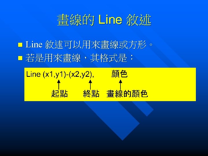 畫線的 Line 敘述可以用來畫線或方形。 n 若是用來畫線，其格式是： n 
