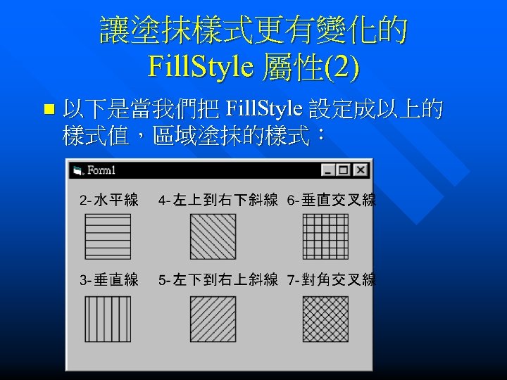 讓塗抹樣式更有變化的 Fill. Style 屬性(2) n 以下是當我們把 Fill. Style 設定成以上的 樣式值，區域塗抹的樣式： 