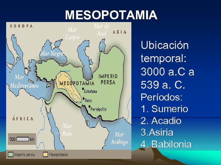 MESOPOTAMIA Ubicación temporal: 3000 a. C a 539 a. C. Períodos: 1. Sumerio 2.