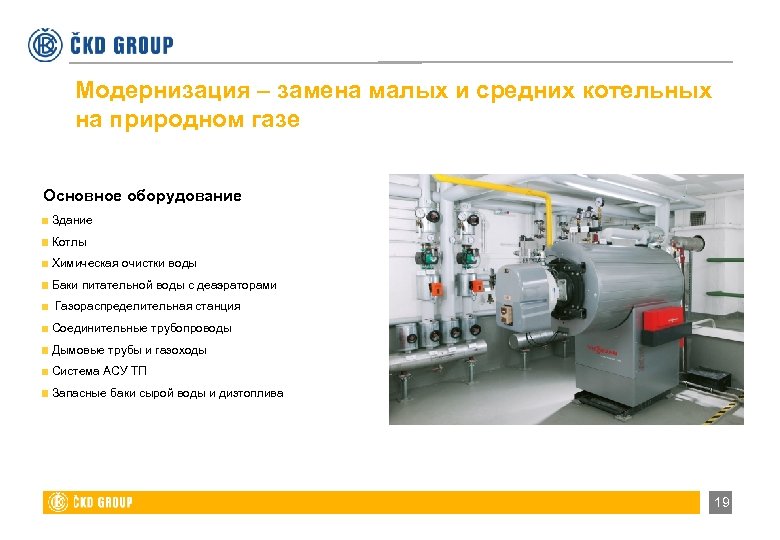 Модернизация – замена малых и средних котельных на природном газе Основное оборудование Здание Котлы