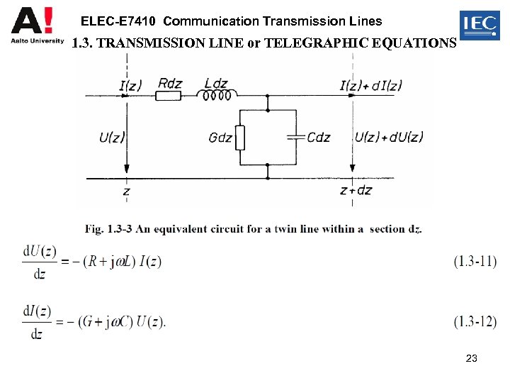 ELEC-E 7410 Communication Transmission Lines 1. 3. TRANSMISSION LINE or TELEGRAPHIC EQUATIONS 23 