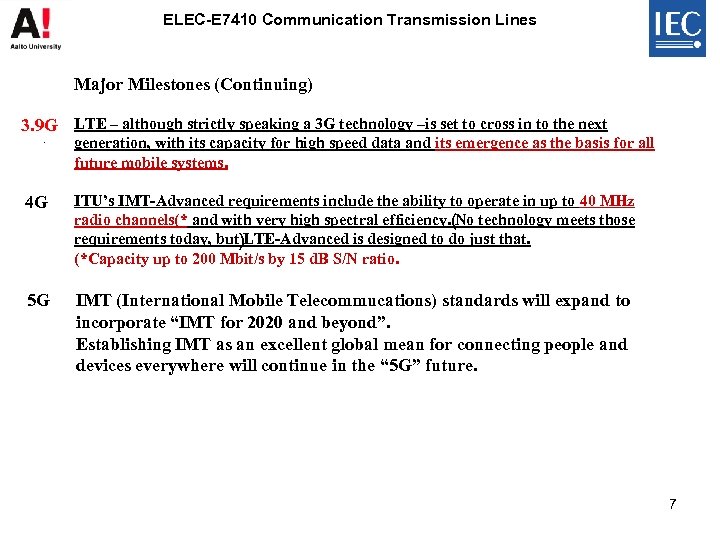 ELEC-E 7410 Communication Transmission Lines Major Milestones (Continuing) 3. 9 G LTE – although