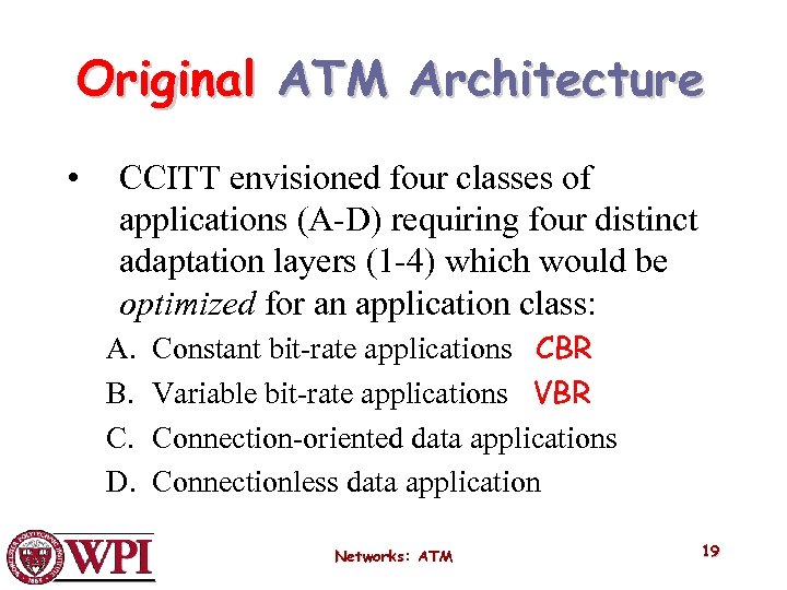 Original ATM Architecture • CCITT envisioned four classes of applications (A-D) requiring four distinct