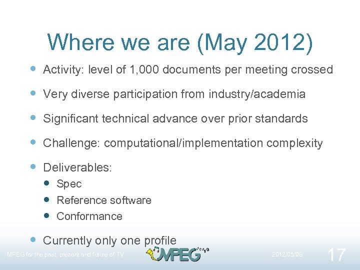 Where we are (May 2012) Activity: level of 1, 000 documents per meeting crossed