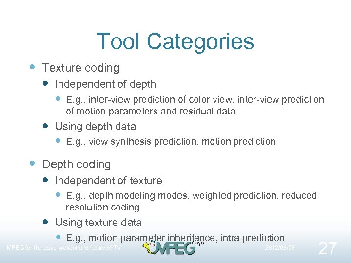 Tool Categories Texture coding Independent of depth E. g. , inter-view prediction of color