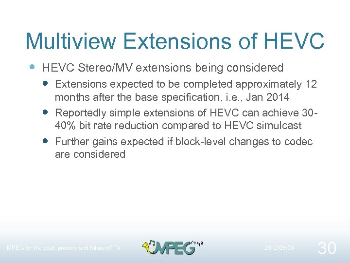 Multiview Extensions of HEVC Stereo/MV extensions being considered Extensions expected to be completed approximately