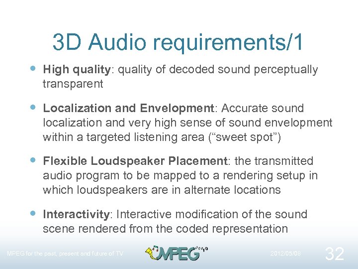 3 D Audio requirements/1 High quality: quality of decoded sound perceptually transparent Localization and