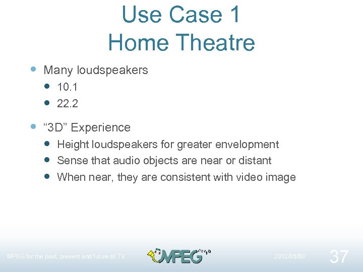 Use Case 1 Home Theatre Many loudspeakers 10. 1 22. 2 “ 3 D”