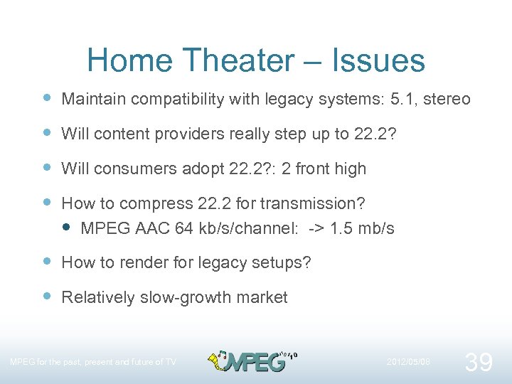 Home Theater – Issues Maintain compatibility with legacy systems: 5. 1, stereo Will content