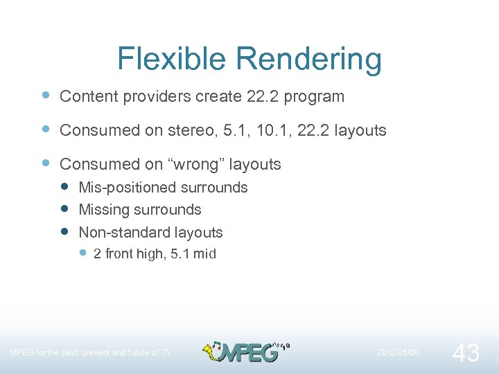 Flexible Rendering Content providers create 22. 2 program Consumed on stereo, 5. 1, 10.