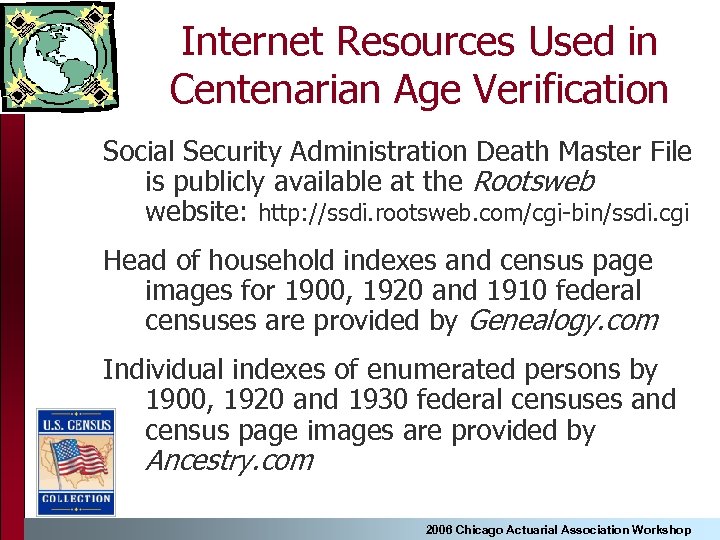 Internet Resources Used in Centenarian Age Verification Social Security Administration Death Master File is