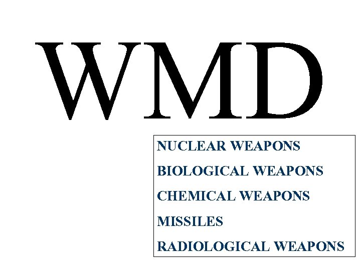 WMD NUCLEAR WEAPONS BIOLOGICAL WEAPONS CHEMICAL WEAPONS MISSILES RADIOLOGICAL WEAPONS 