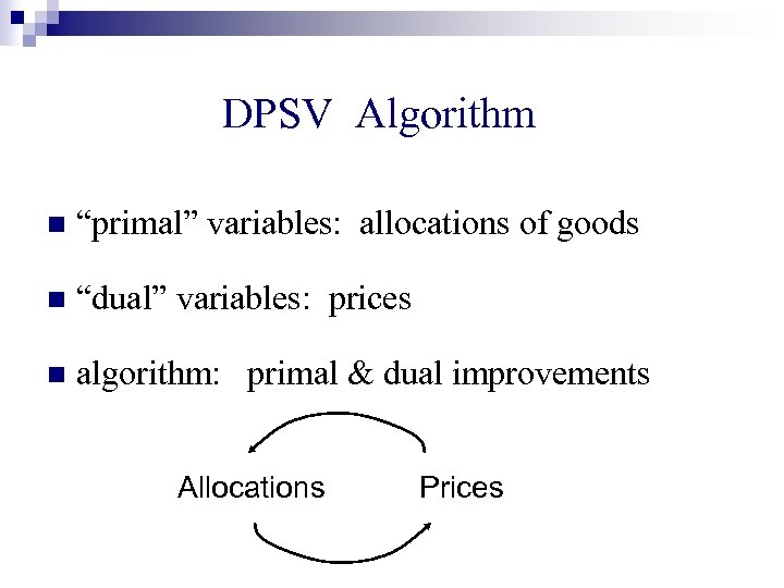 DPSV Algorithm n “primal” variables: allocations of goods n “dual” variables: prices n algorithm: