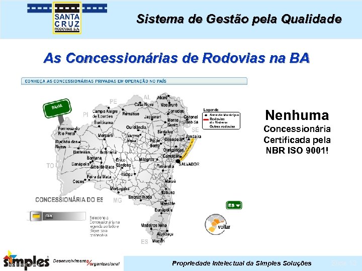 Sistema de Gestão pela Qualidade As Concessionárias de Rodovias na BA Nenhuma Concessionária Certificada