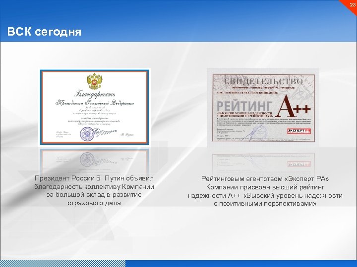 23 ВСК сегодня Президент России В. Путин объявил благодарность коллективу Компании за большой вклад