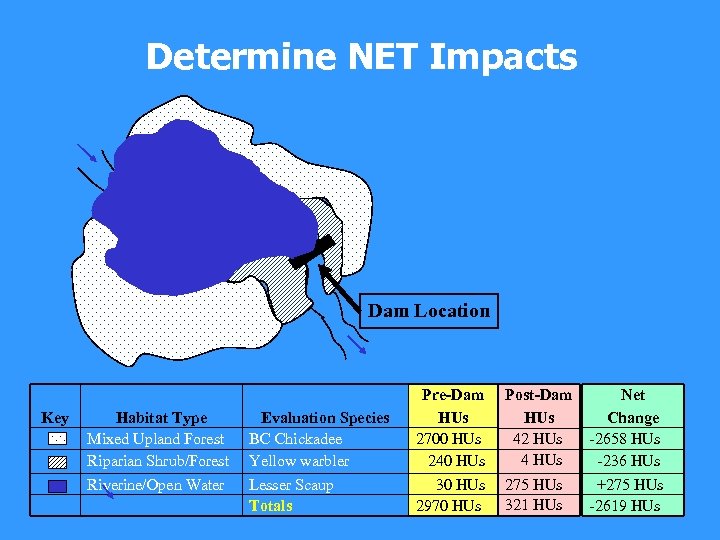 Determine NET Impacts Dam Location Key Habitat Type Mixed Upland Forest Riparian Shrub/Forest Riverine/Open