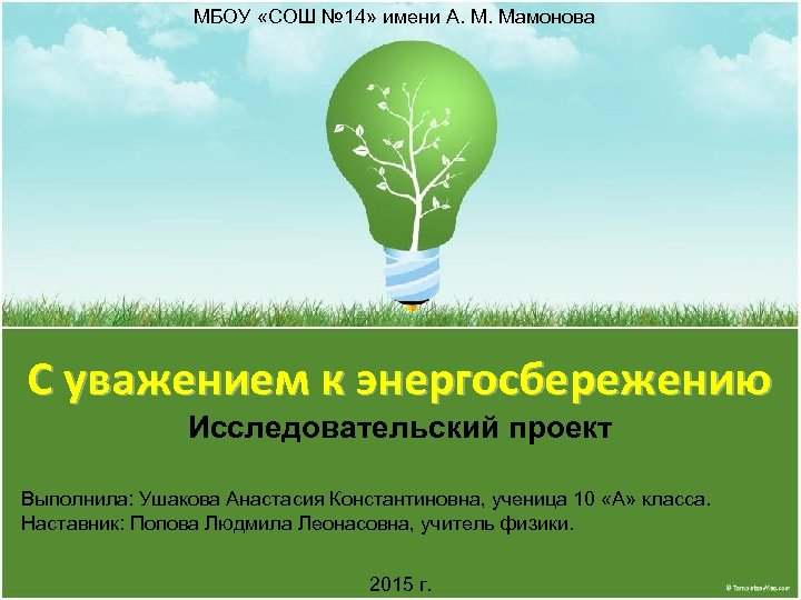 МБОУ «СОШ № 14» имени А. М. Мамонова С уважением к энергосбережению Исследовательский проект