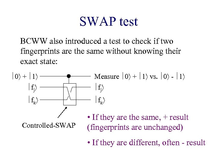 SWAP test BCWW also introduced a test to check if two fingerprints are the