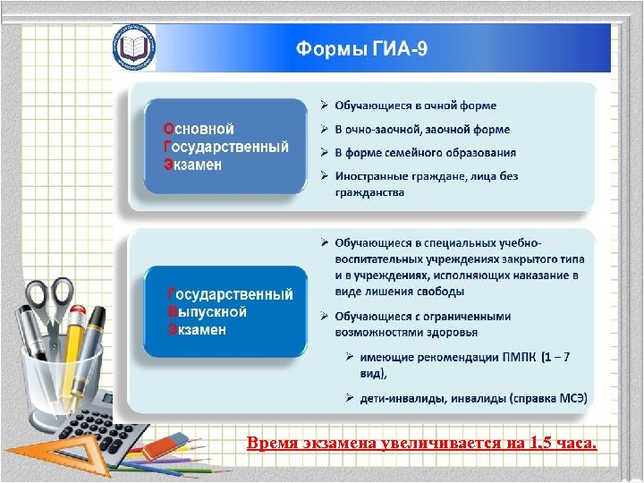 Время экзамена увеличивается на 1, 5 часа. 