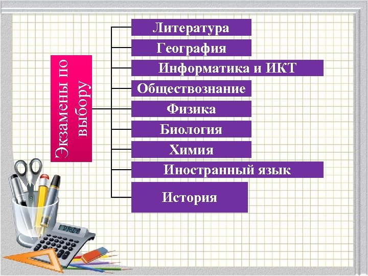 Экзамены по выбору Литература География Информатика и ИКТ Обществознание Физика Биология Химия Иностранный язык