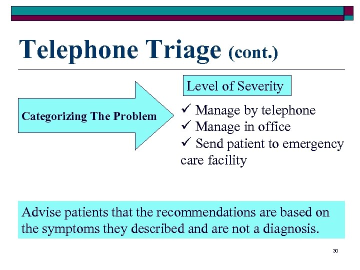 Telephone Triage (cont. ) Level of Severity Categorizing The Problem ü Manage by telephone