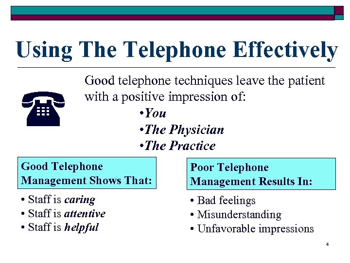 Using The Telephone Effectively Good telephone techniques leave the patient with a positive impression