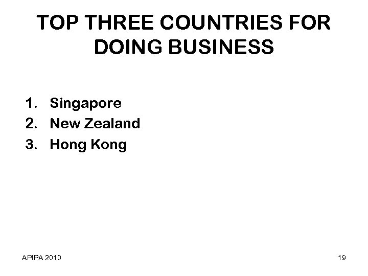 TOP THREE COUNTRIES FOR DOING BUSINESS 1. Singapore 2. New Zealand 3. Hong Kong