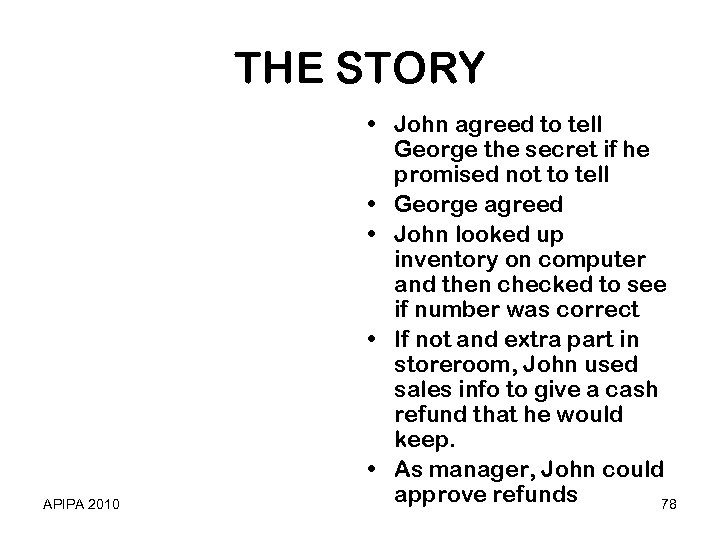 THE STORY APIPA 2010 • John agreed to tell George the secret if he