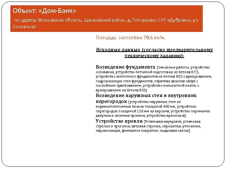 Объект: «Дом-Баня» по адресу: Московская область, Щелковский район, д. Топорково, СНТ «Дубрава» , ул.
